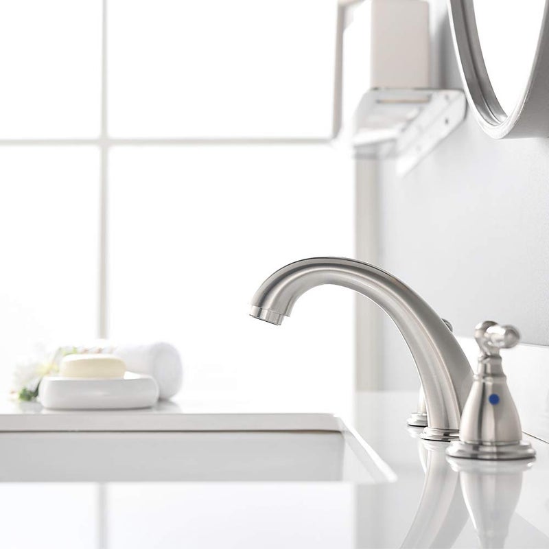 Phiestina 8 Inch 3 Holes Brushed Nickel Low Arc Widespread Bathroom Sink Faucet, 2 Handles Bathroom Faucet with Stainless Steel Pop Up Drain, WF008-4-BN - Image 4